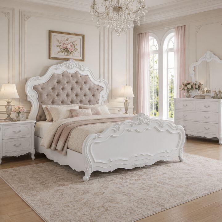 Tisha King Bed, Tufted Dark Beige Chenille Upholstery w White Traditional Design