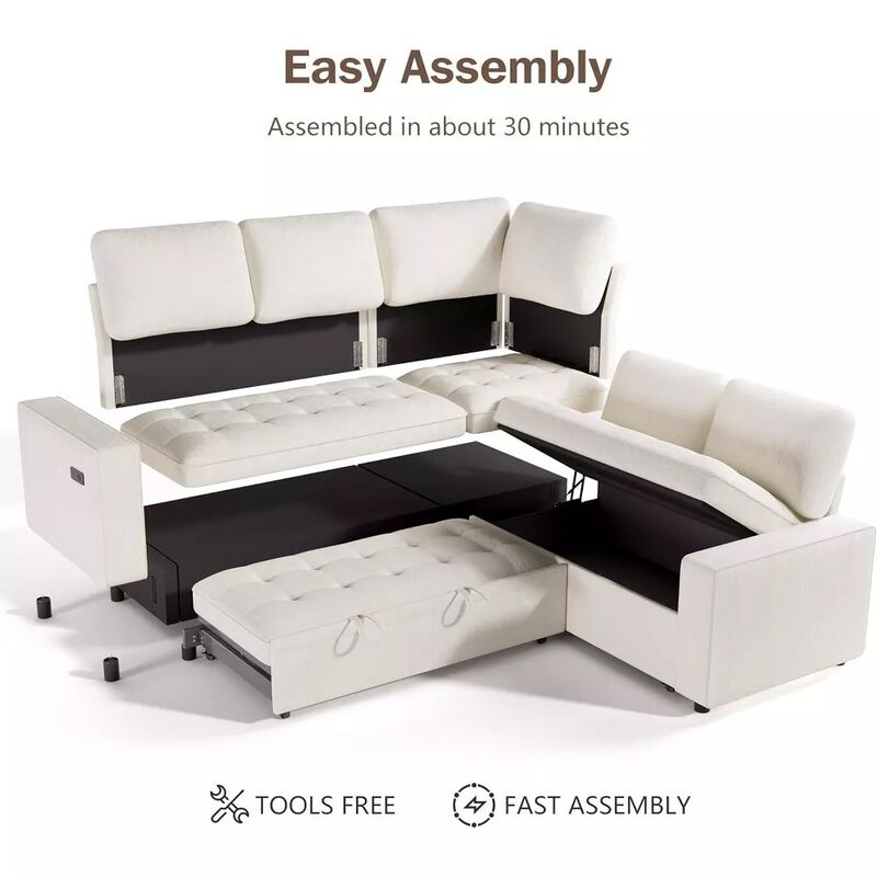 Vipbear 79" 5-Seat L-Shaped Sectional Sleeper Sofa Bed, Chenille Pull-Out Couch with Backrest image number 9