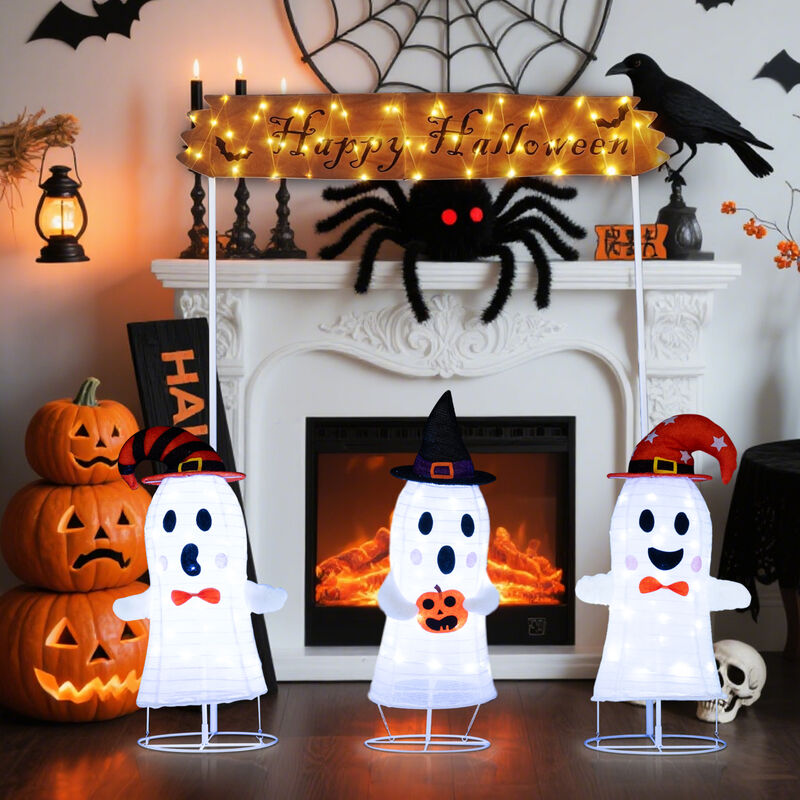 Pop- Up Ghost Halloween Decoration Set of 4 with Gate and LED Lights-White image number 4