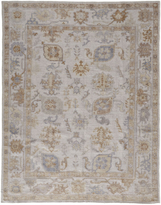 5 X 8 Ivory And Tan Floral Hand Knotted Stain Resistant Area Rug