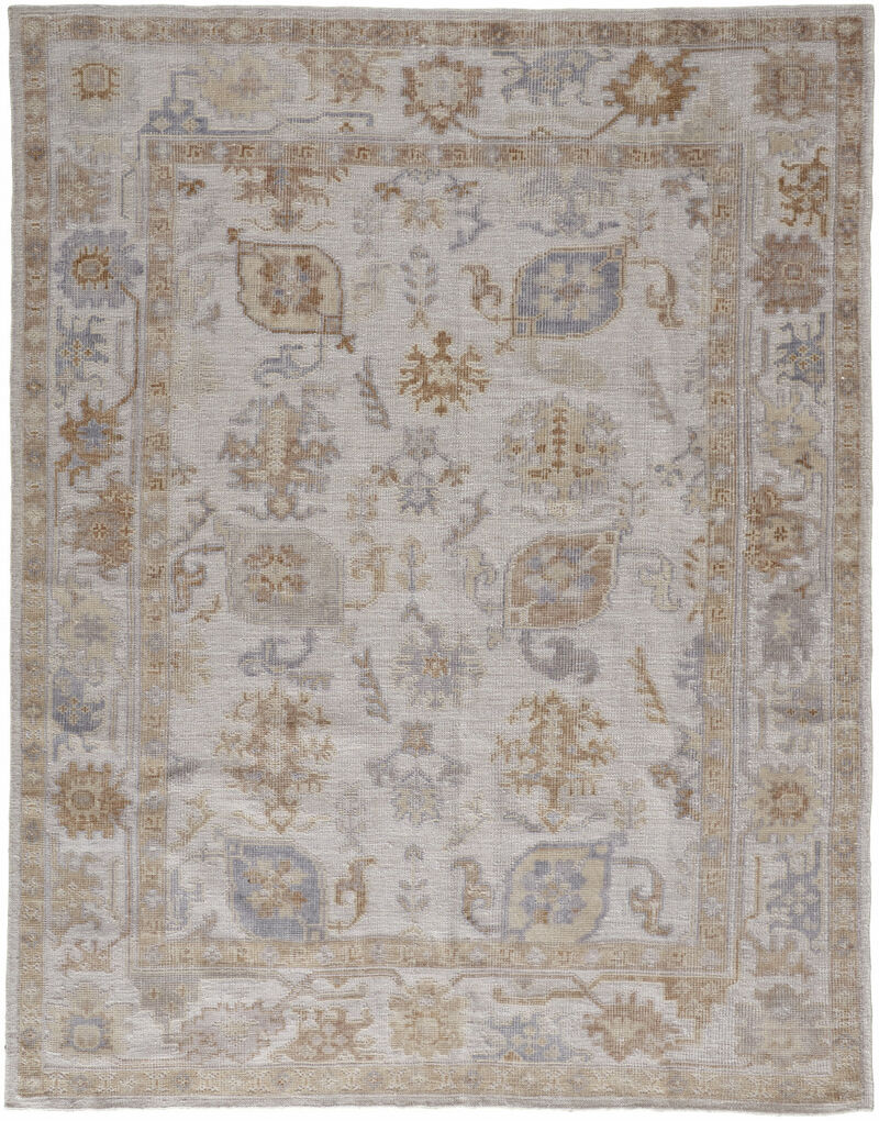 5 X 8 Ivory And Tan Floral Hand Knotted Stain Resistant Area Rug