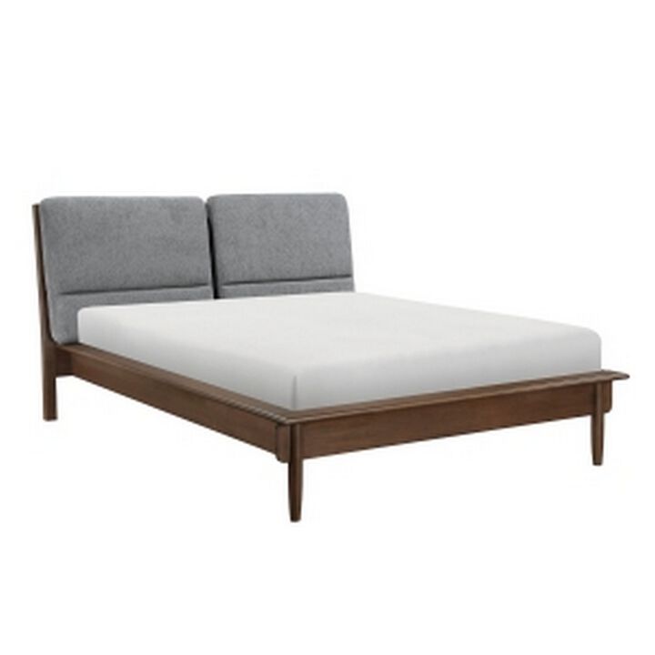 Soly Queen Size Platform Bed, Upholstered Back Panel, Brown, Dark Gray