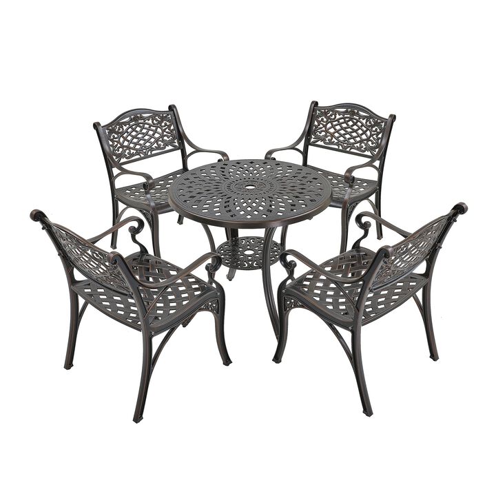 MONDAWE 5-Piece Cast Aluminum Outdoor Dining Set, Piece Chair and Round Table with Umbrella Hole