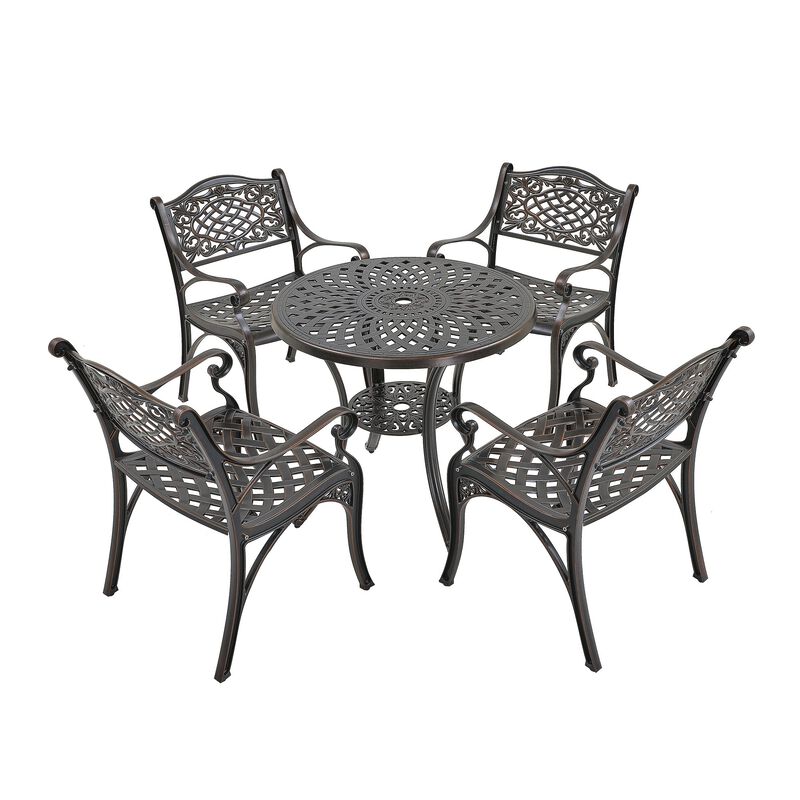 MONDAWE 5-Piece Cast Aluminum Outdoor Dining Set, Piece Chair and Round Table with Umbrella Hole