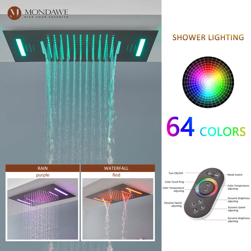 Mondawe 64 Colors LED Light and Music 3 Functions 4 Sprays Flush Ceiling Mounted Thermostatic Shower System with 6 Body Jets and Rough-in Valve in Titanium Gold image number 4