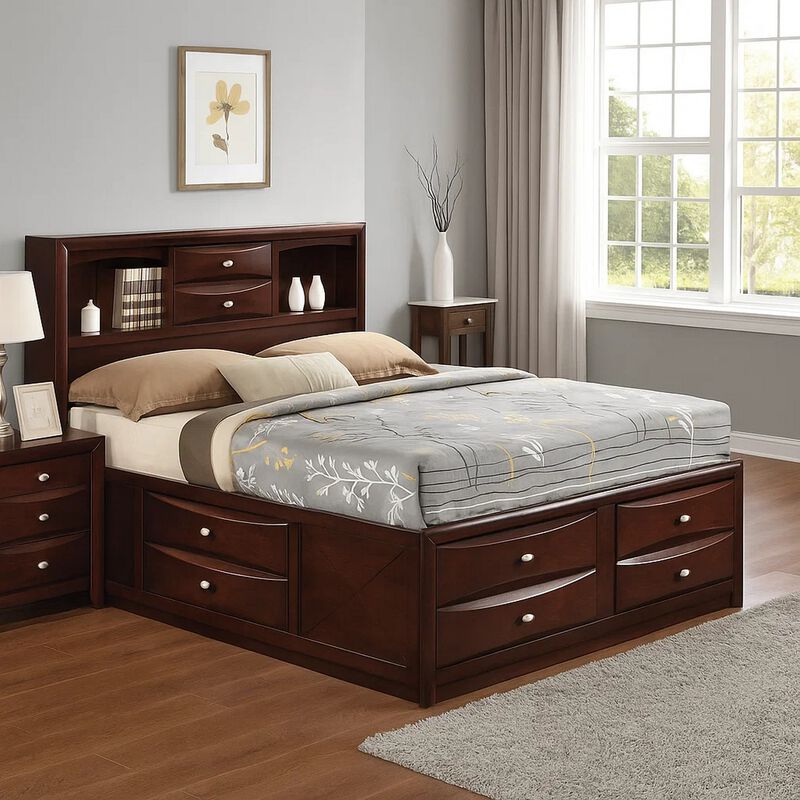 Panel Design Queen Size Bed with Bookcase and Drawers, Brown