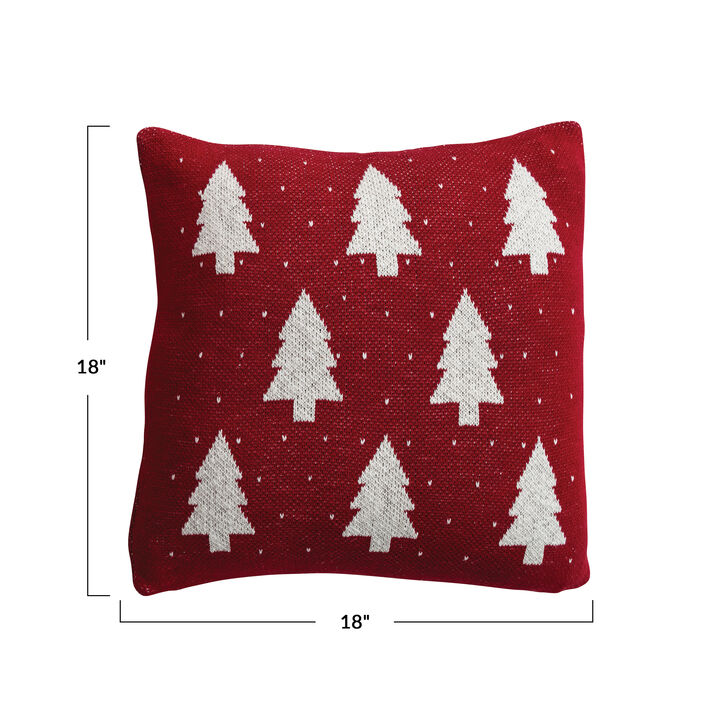 Artisan Knit Trees Cotton Pillow, Red & Natural