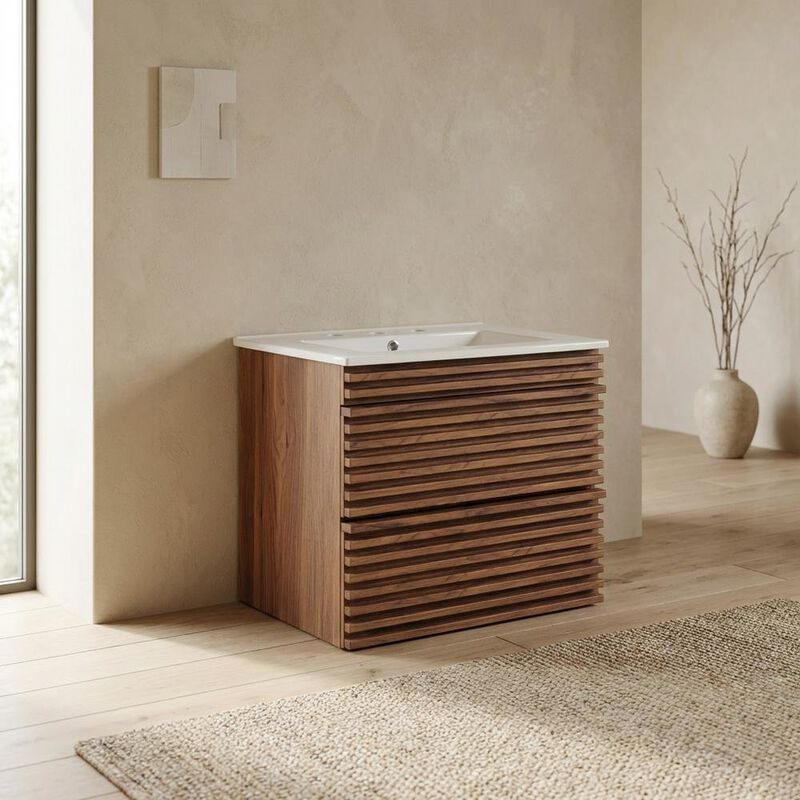 Walnut White 24-Inch Wall-Mount Bathroom Vanity with Ceramic Sink image number 4