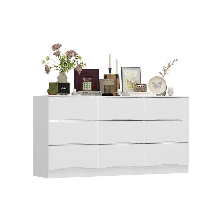 FUFU&GAGA 63" White 9-Drawer Dresser, Modern P2 MDF Construction with Silent Drawer Tracks, Rounded Corners and Anti-Tip Design (63" W x 31.5" H x 15.6" D), Pure White Finish