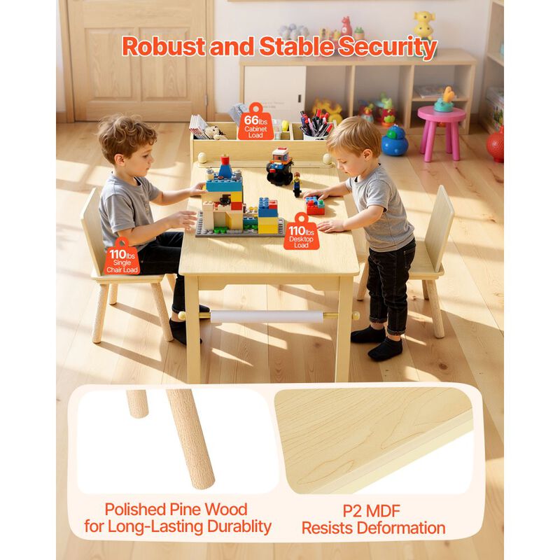 Kids Craft Activity Desk with 2 Chairs and 3-Tier Storage Cabinet-Light Wood image number 3