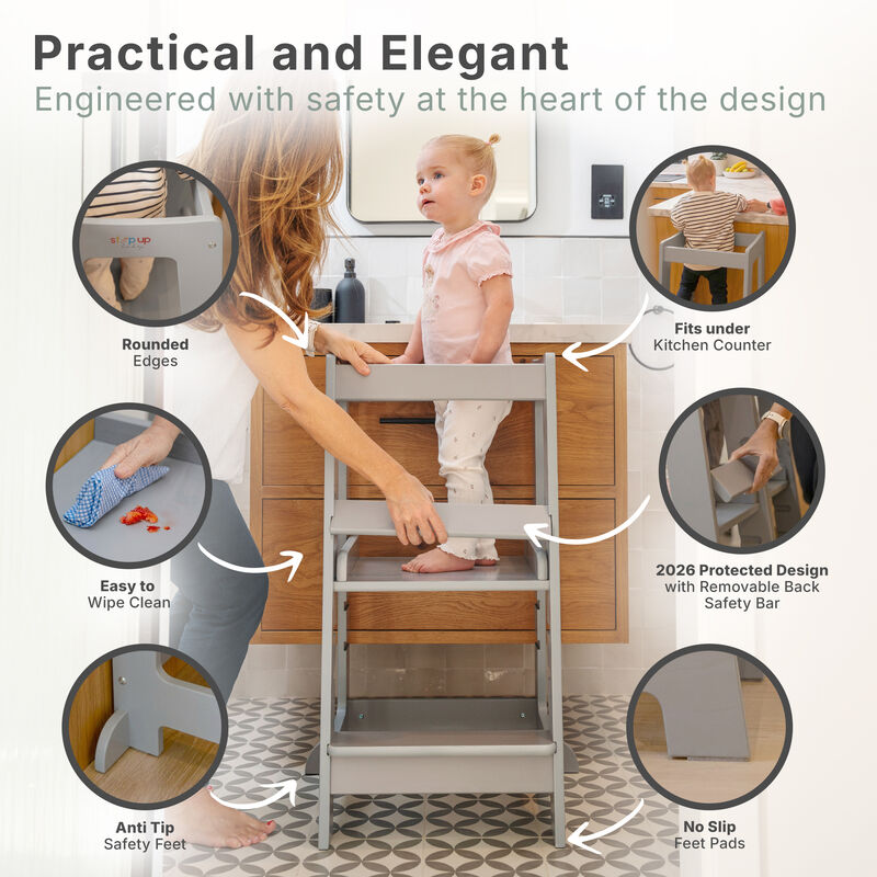 Stepup Baby&reg; Adjustable Toddler Tower - Gray Wooden Step Stool for Kids | Toddler Standing Tower with Child-safe Chopper & Chopping Board for 18M-4Y image number 4