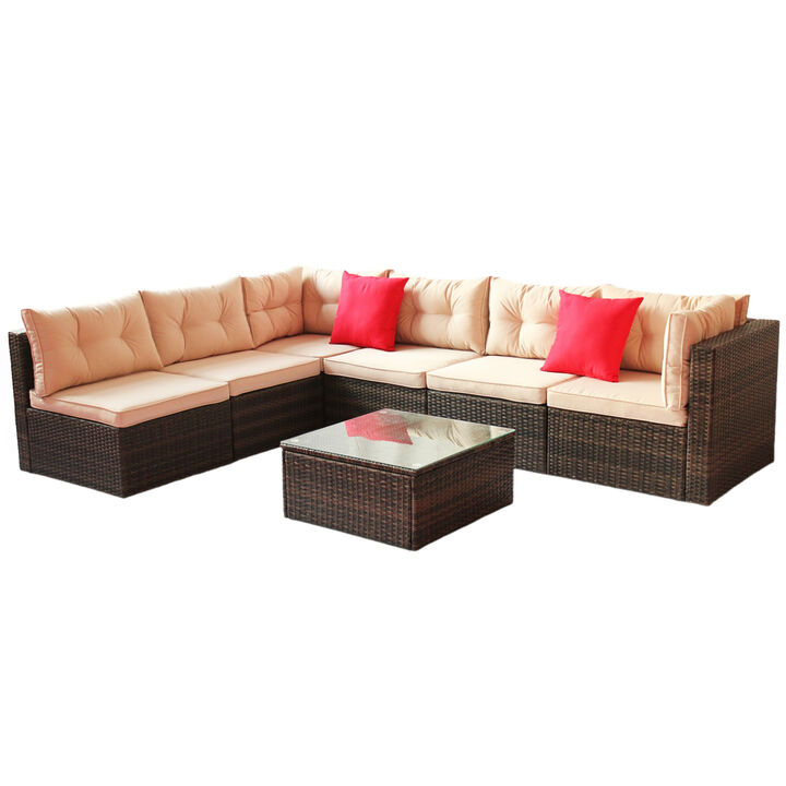 Patio Furniture Set PE Rattan Sectional Garden Furniture Corner Sofa Set (7 Pieces, Shallow brown Cushion)