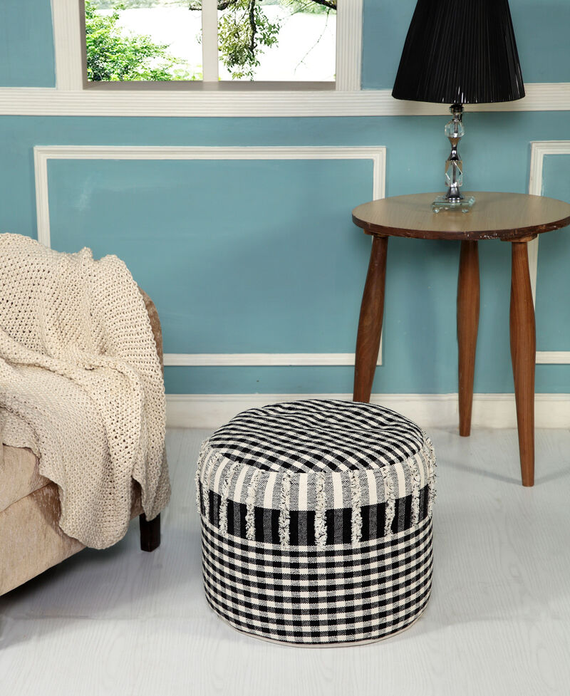 Cotton Cylinder Round Pouf &ndash; Plaid Ottoman Footstool for Modern Living Room