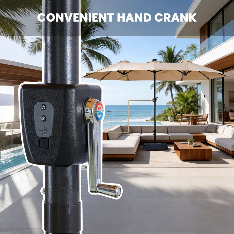 15FT Double-Sided Heavy Duty Solar RGB LED Patio Umbrella with Base, Dual Charging, Crank Handle image number 3
