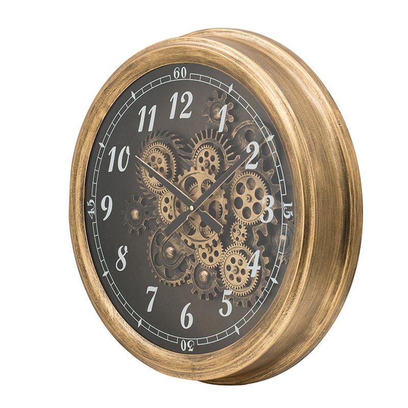 21 Inch Round Wall Clock, Gear Design, Numbered Analog, Gold Bronze Iron - Benzara