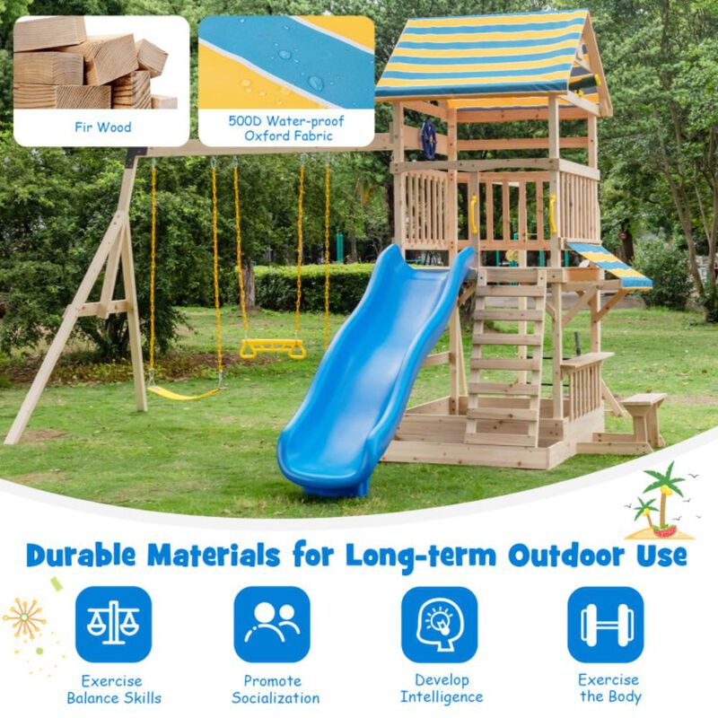 Hivvago Wooden Swing Set with Large Upper Deck Slide and Steering Wheel