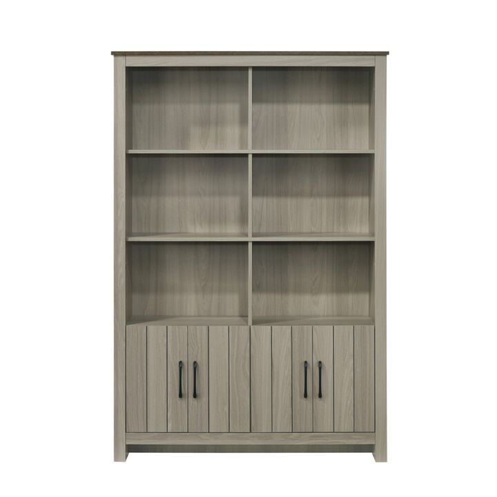 Nena Bookcase with 6 Shelves and 4 Cabinet Doors, Gray Wood 71 Inch - Benzara