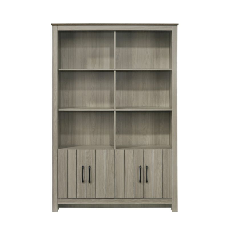 Nena Bookcase with 6 Shelves and 4 Cabinet Doors, Gray Wood 71 Inch - Benzara