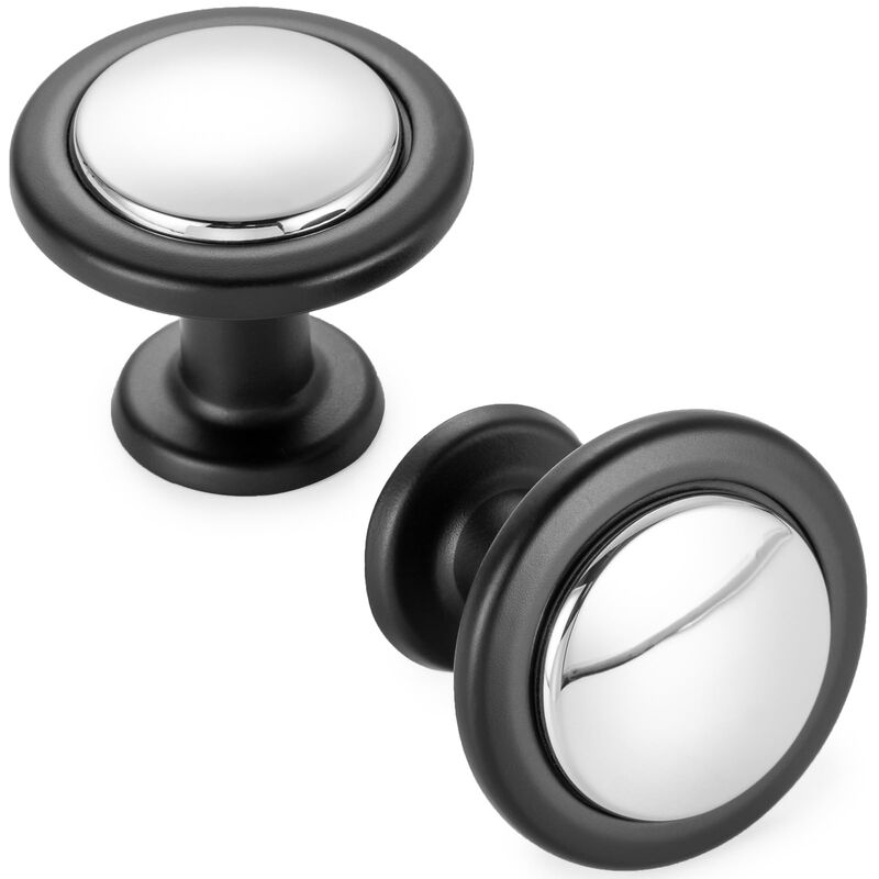 KOOFIZO Chrome and Black Cabinet Knobs, 10-Pack Round Cabinet Pulls Kitchen Handles (Dia.1-1/5 Inch), 2 Color Hardware for Kitch