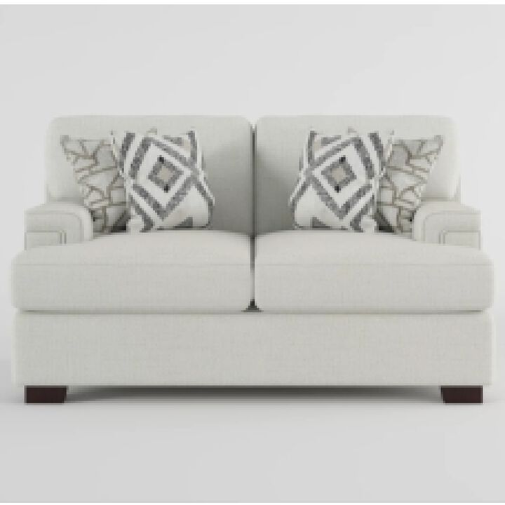 Osy Loveseat, 66 Inch, 4 Pillows, Soft Ivory Chenille, Solid Wood - Benzara