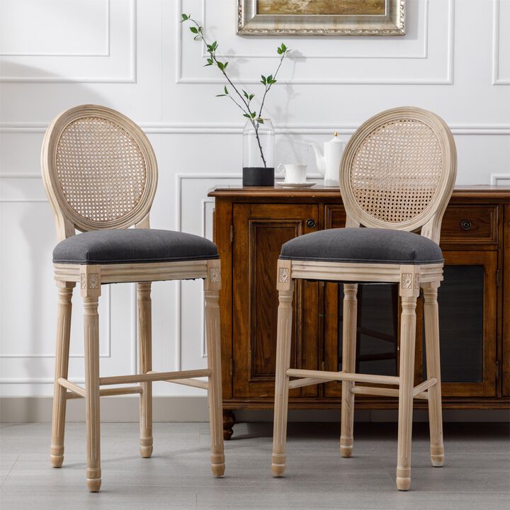 French Country Wooden Barstools Rattan Back With Upholstered Seating, Beige and Natural, Set of 2