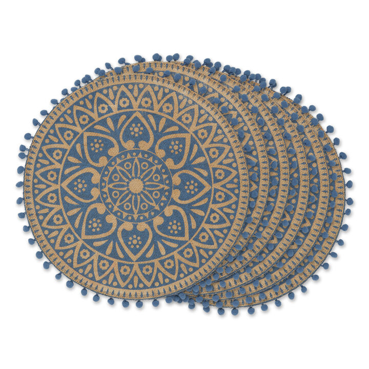Set of 6 Blue and Beige Block Print Round Outdoor Placemats 15"