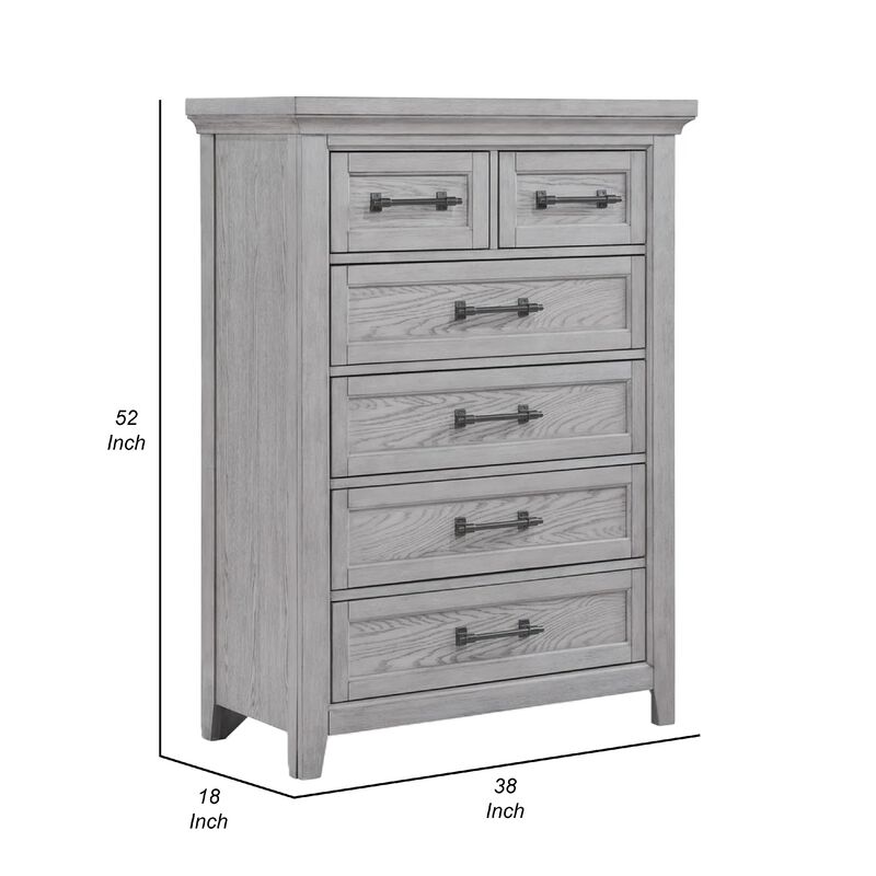 Bix Tall Dresser Chest, 6 Dovetail Drawers, Bronze Handles, Light Gray