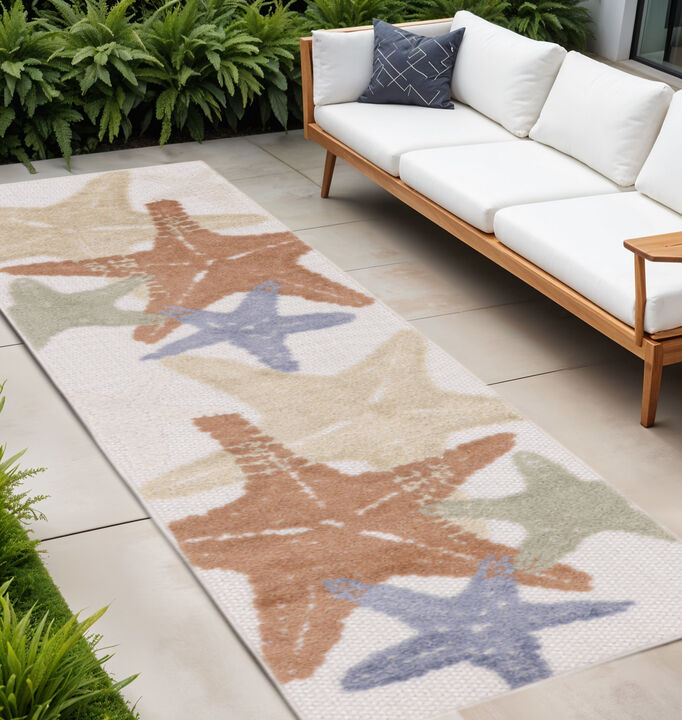 HomeRoots 8' Ivory Yellow Orange And Green Starfish Indoor Outdoor Runner Rug