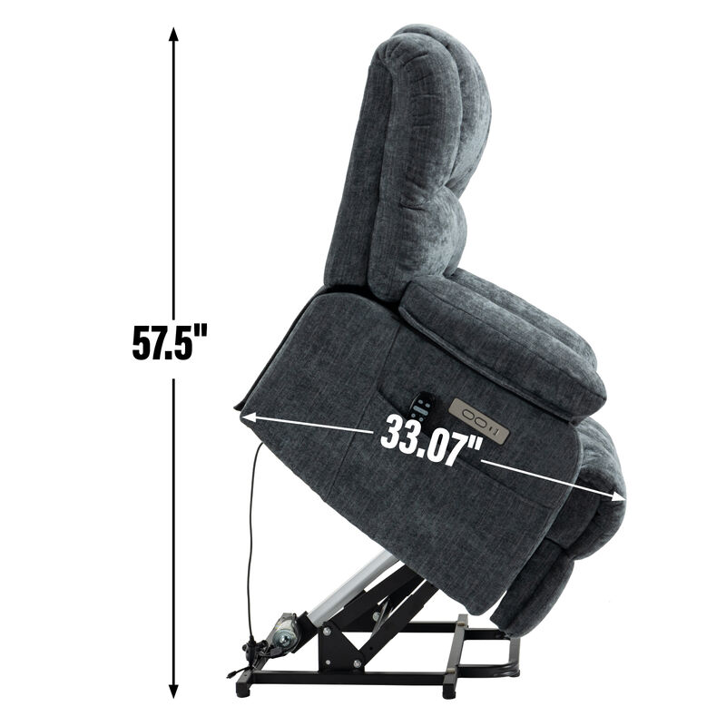 Power Lift Recliner Chair - High Back Large Size, 8-Point Massage & Heating, Blue Grey Chenille Fabric
