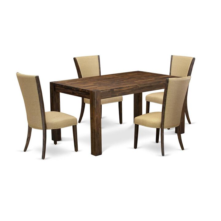 East West Furniture - CNVE5-77-03 - 5-Pc Dining Room Set- 4 Parson Dining Chairs and Modern Dining Room Table - Brown Linen Fabric Seat and High Chair Back - Distressed Jacobean Finish