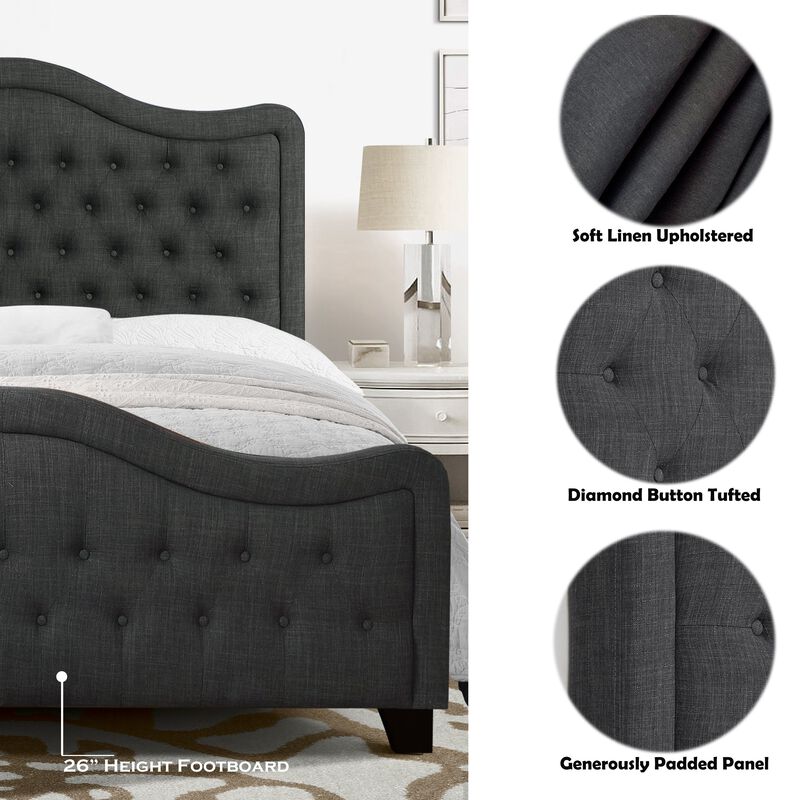 Upholstered Bed with Curved Headboard and Footboard Button Tufted Platform Bed Sturdy Solid Wood Frame