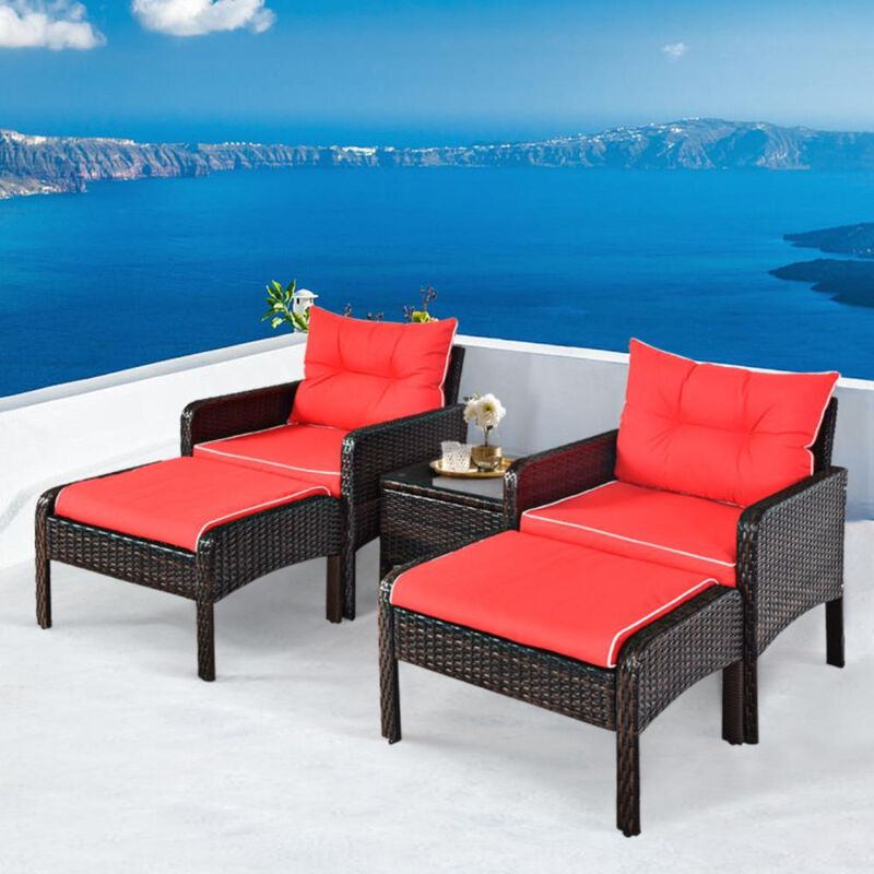 Hivvago 5 Pieces Patio Rattan Sofa Ottoman Furniture Set with Cushions