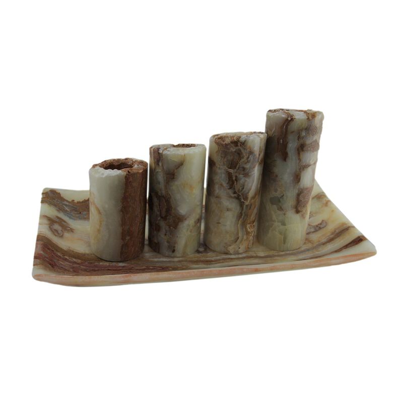 Red And White Marble Artisan Hand Crafted 5 Piece Marble Candle And Tray Set image number 2