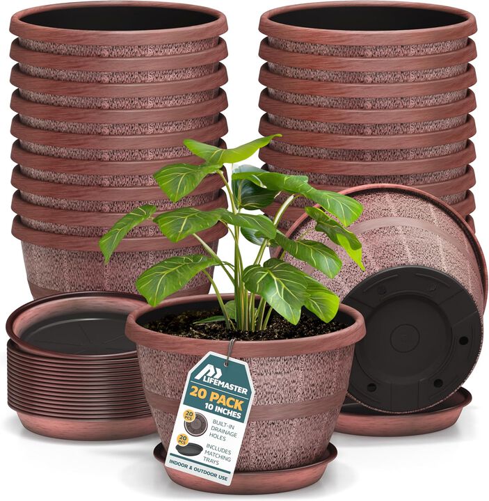 10-Inch Whiskey Barrel Planters Outdoor Pack of 20 - Durable Plastic Plant Pots for Indoor & Outdoor Use with Drainage & Saucer, Lightweight Rustic Barrel Planters for Flowers, Herbs & Small Plants