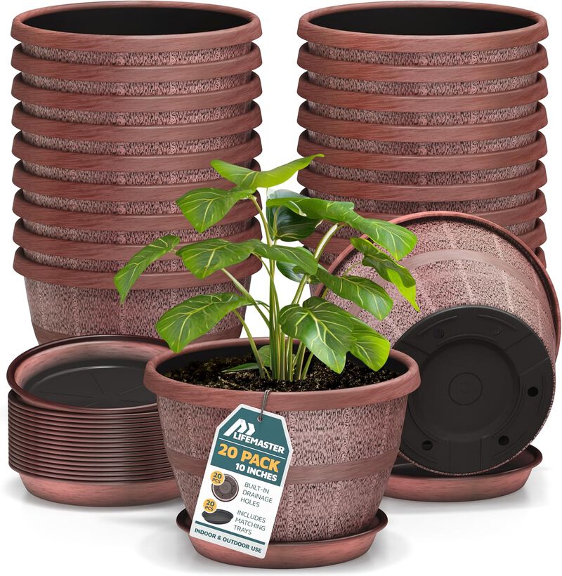 10-Inch Whiskey Barrel Planters Outdoor Pack of 20 - Durable Plastic Plant Pots for Indoor & Outdoor Use with Drainage & Saucer, Lightweight Rustic Barrel Planters for Flowers, Herbs & Small Plants image number 0