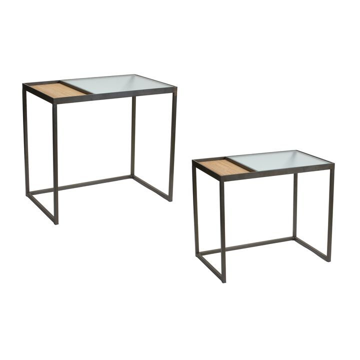 Set of 2 Side Tables with Iron Frame, Wicker Detailing, and Glass Top