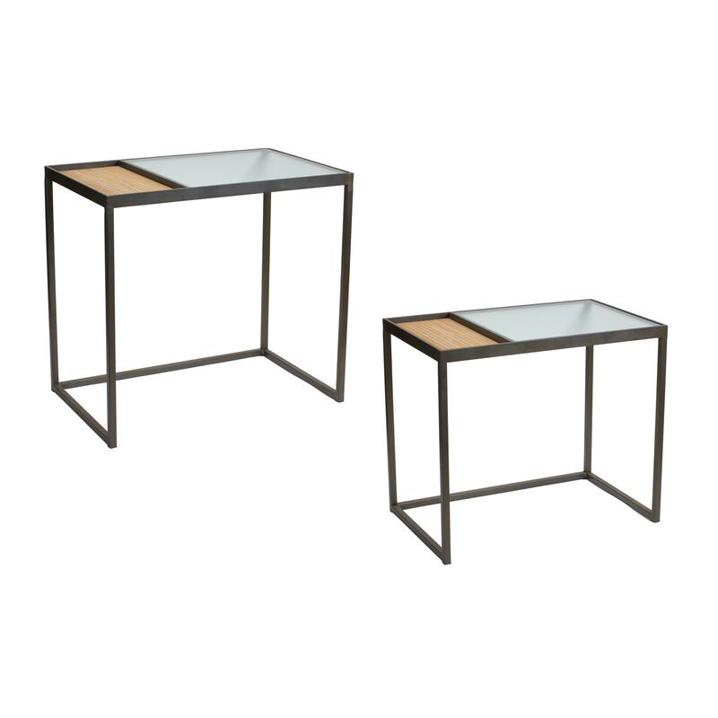 Set of 2 Side Tables with Iron Frame, Wicker Detailing, and Glass Top