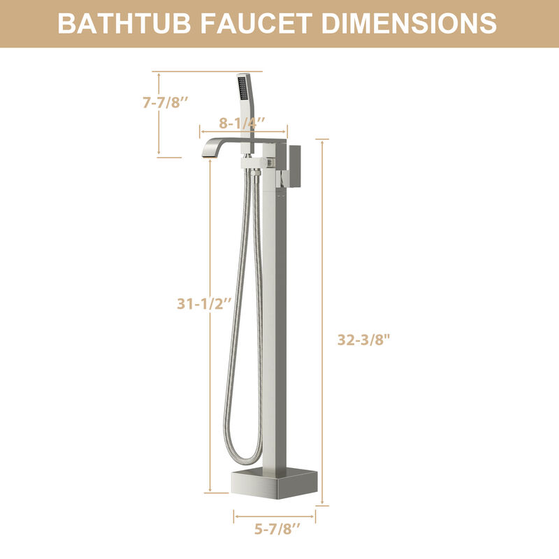 Brushed Nickel Free Standing Tub Faucet Floor Mounted Tub Filler Faucet Brass Bathroom Tub Faucets with Hand Shower