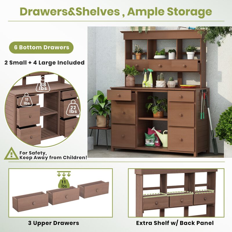 Potting Bench with Multiple Drawers & Shelves, Adjustable Shelf & Anti-Falling Device