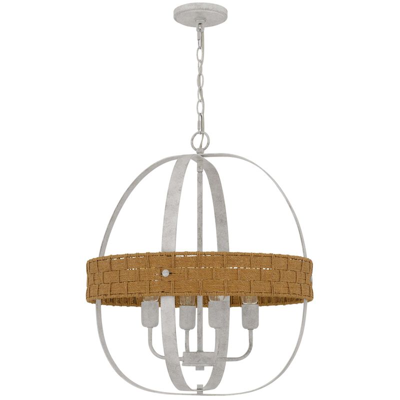 Baty Chandelier, 4 Light Rustic Rattan Round, White Metal 21 Inch - Benzara