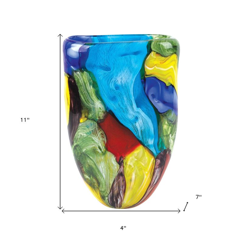 HomeRoots 11" Blue Green Red And Yellow Cylinder Murano Glass Table Vase image number 3