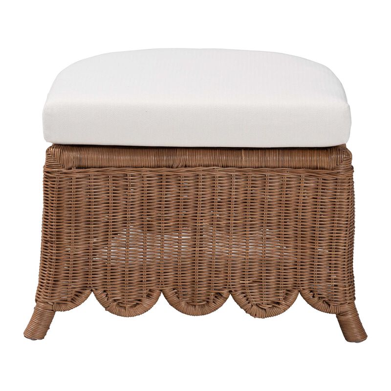 bali & pari Detta Natural Rattan Footstool with Cushion - Handwoven Wicker Ottoman with Scalloped Skirt Base for Coastal Lounge or Sunroom Seating