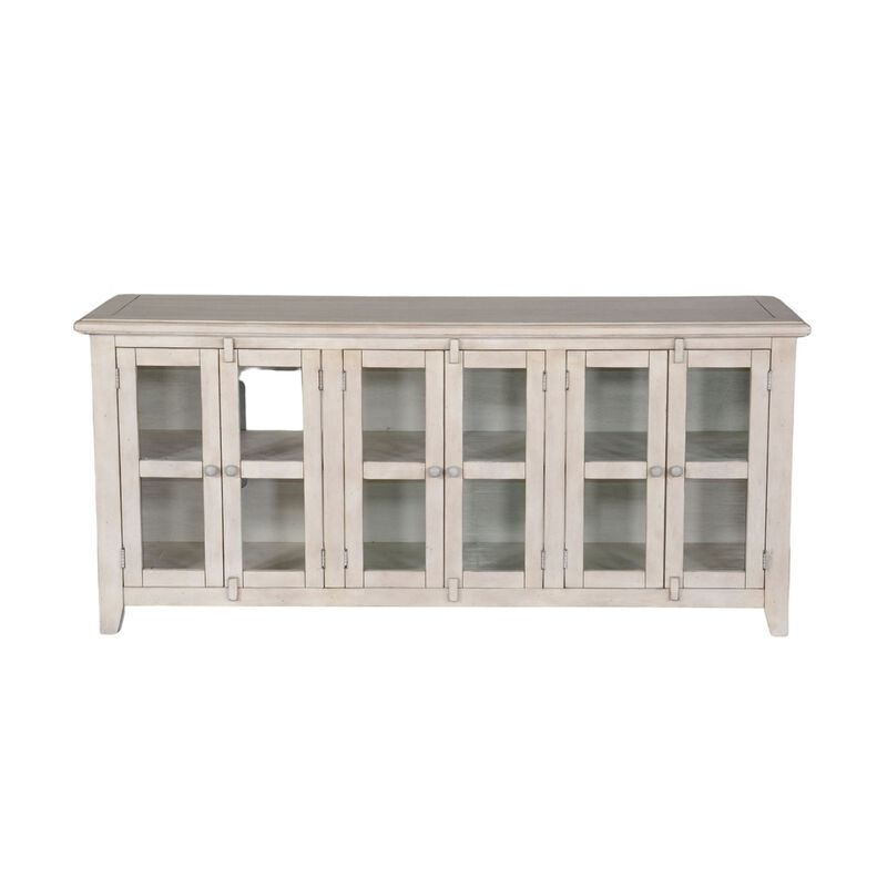 Yael TV Media Console, 6 Shelves, Glass Doors, White Mahogany, 70 Inch - Benzara