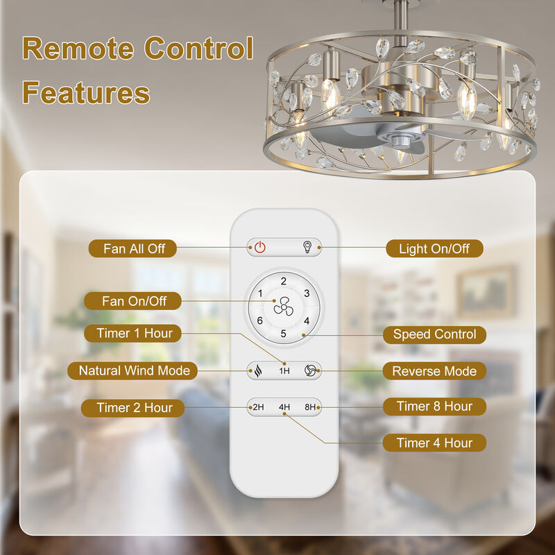 Breezary 20" Crystal Cage Ceiling Fan with Light,5 Blade, 3 Speed , Reversible, Remote Control image number 8