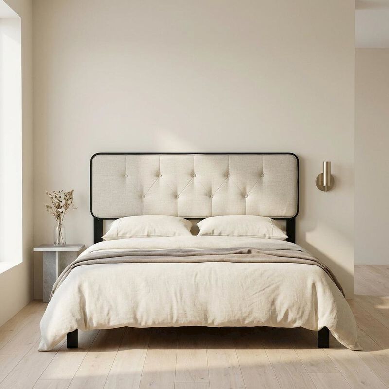Fabric and Wood Button-Tufted King Headboard Only for Bed Frame, Black Beige image number 4