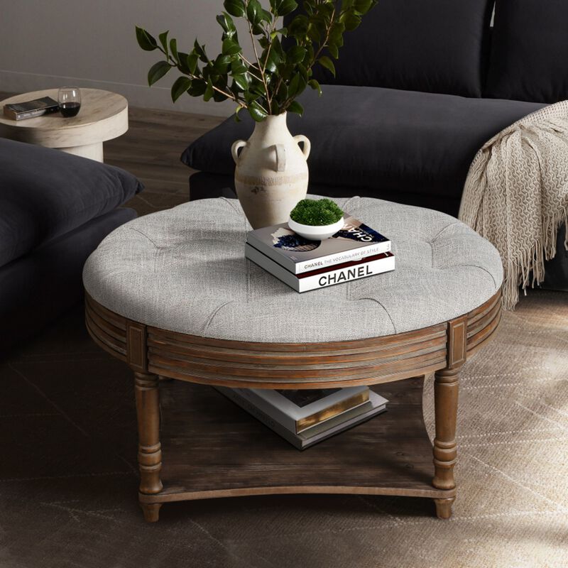 Plozup Large Round Tufted Linen Upholstered Ottoman Coffee Table image number 3