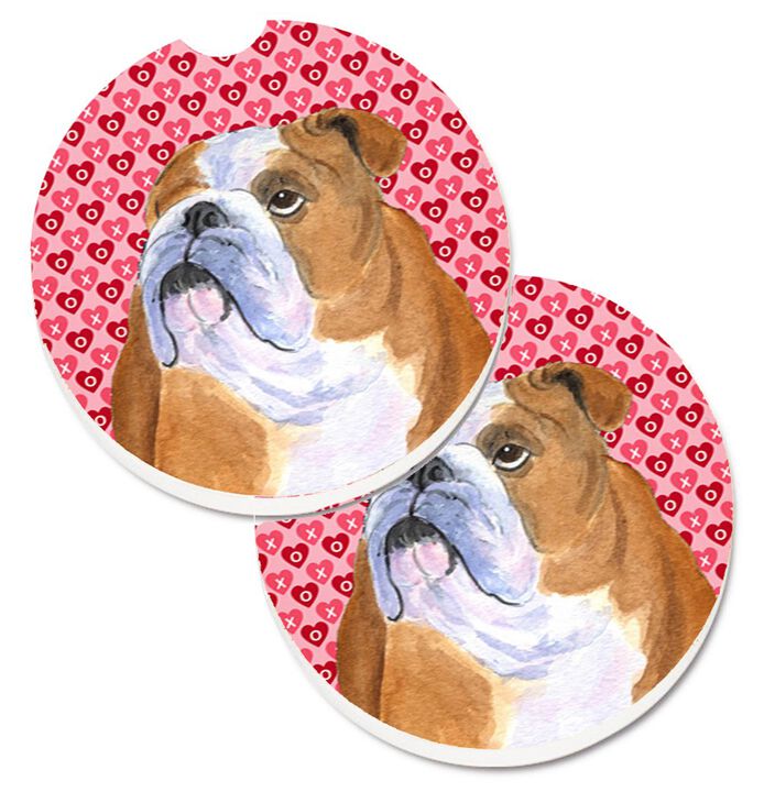 Caroline's Treasures Bulldog English Hearts Love Valentine's Day Set of 2 Cup Holder Car Coasters SS4491CARC, 2.56, Multicolor