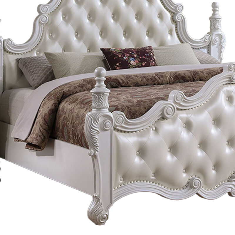 Moni King Bed, White Button Tufted Traditional Upholstery, Solid Wood