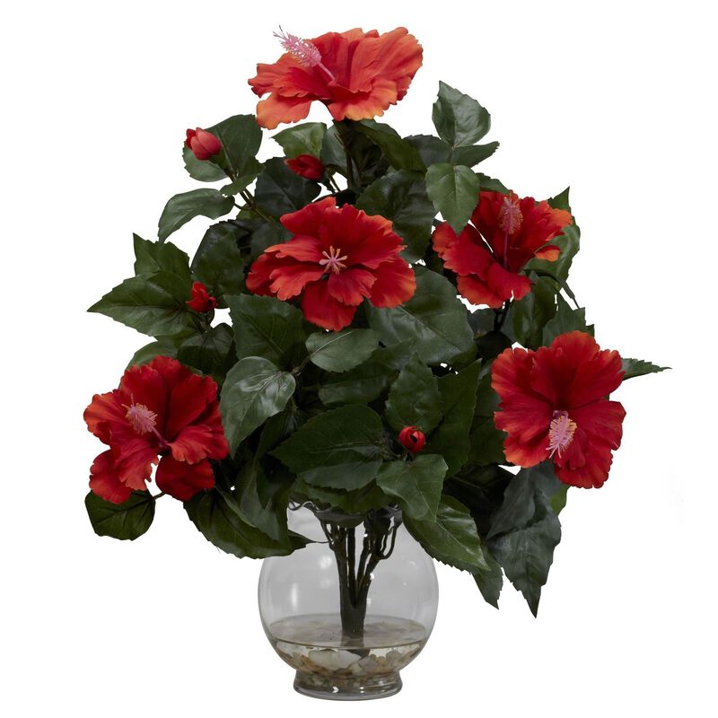 Nearly Natural Hibiscus w/Fluted Vase Silk Flower Arrangement image number 1