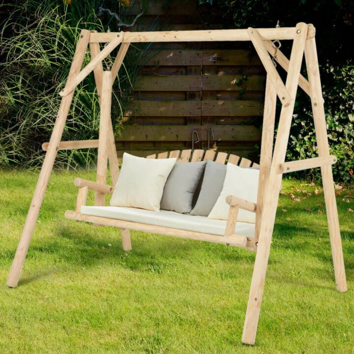 Hivvago Outdoor Wooden Porch Bench Swing Chair with Rustic Curved Back